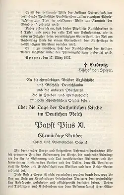 Erste Seite der Enzyklika „Mit brennender Sorge“, Ausgabe aus dem Bistum Speyer, mit einem Vorsatz von Bischof Ludwig Sebastian, gedruckt in der Jäger`schen Druckerei Speyer, die deshalb enteignet wurde