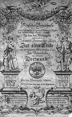 Titelseite des Mitgliederverzeichnisses 1890 der Loge Zur alten Linde in Dortmund