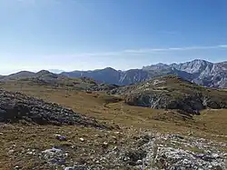 Karstformationen auf der Mitteralm, im Hintergrund links die Karlalm (Karlhochkogel), rechts der Hochschwab
