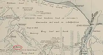 Kartenausschnitt mit Moengo, Aukaner Dorf aus 1860 bis 1879