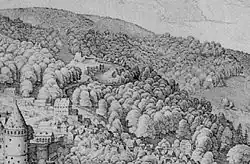 Der Merian-Stich von 1620 zeigt noch Mauerreste der Oberen Burg