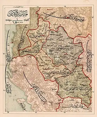 Das Vilâyet Monastir mit den fünf Sandschaks Monastir, Servia, Debar, Elbasan und Korça im Jahr 1907 (mit arabischer Beschriftung)