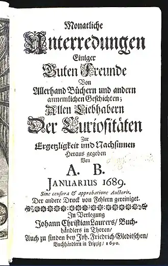 Titelblatt von Band&nbsp;1 der Monatlichen Unterredungen (2.&nbsp;Auflage 1690)