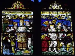 Barbara werden die Brüste abgeschnitten (links); ein Engel erscheint und hüllt sie in ein schneeweiß leuchtendes Gewand vor ihren Folterern