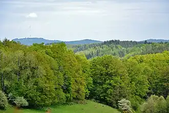 Das Plateau de Millevaches mit dem Mont Bessou im Hintergrund (mit Sendemast), mit 976 Meter höchste Erhebung in den Monts du Limousin