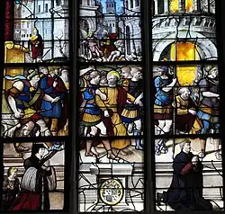 Gefangennahme des Apostels Petrus und seine Befreiung aus dem Gefängnis durch einen Engel, unten Stifterehepaar