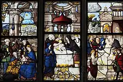 Anbetung der Heiligen Drei Könige, Beschneidung Jesu, Präsentation im Tempel, im Hintergrund Flucht nach Ägypten