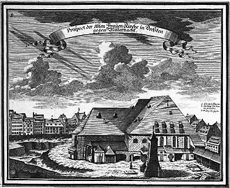 Nordansicht der alten Frauenkirche während des Abrisses 1728