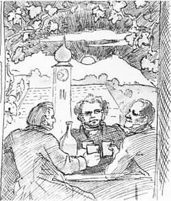 Franz Lachner (links), Schubert und Eduard von Bauernfeld beim Heurigen (Moritz von Schwind, 1862)[24]