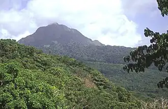 Der steil abfallende Morne Watt, hier von NW zu sehen, ist ein Lavadomkomplex umgeben von Ablagerungen pyroklastischer Ströme. Der 1224 m hohe Vulkan bildete sich südlich der Wotten Waven Caldera und ist flankiert vom Morne Anglais (4 km SW) und den 3 km östlich gelegenen Grand Soufrière Hills.