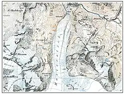 Der Morteratschgletscher im Topographischen Atlas der Schweiz, 1875/1877. Unten der Zusammenfluss mit dem Persgletscher