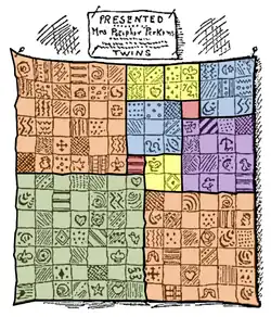 Die einfache, illustrative Zeichnung zeigt den aus unterschiedlich gemusterten Stoffquadraten zusammengesetzten Quilt, der an 2 Nägeln an einer Wand hängt. Die Lösung der Aufgabe ist durch unterschiedliche Einfärbung von Teilquadraten kenntlich gemacht.