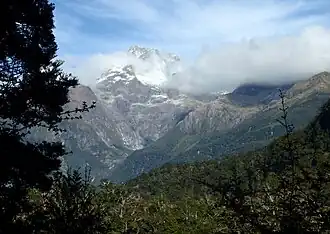 Teile des Donne-Gletscher am Mount Tutoko im April vom Hollyford Track aus