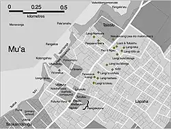 Lapaha mit eingezeichneten Orten, die für die Tuʻi Tonga Dynastie relevant sind. Alle Diamanten deuten die Lage von langi an (außer dem Fāʻonelua-Baum und dem Futu-ko-Vuna-Baum und -Stein).