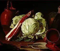 Rustikales Stillleben mit Kohl, Schinken, Kürbis, Terracotta-Geschirr und einem Messer, 73 × 87 cm, Fondazione Manodori, Reggio Emilia
