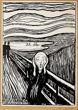 Lithografie von „Der Schrei“. Durch die schwarzen Linien auf dem ganzen Gemälde wirkt das Ambiente düster.