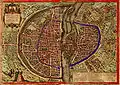 Paris-Karte von Sebastian Münster von 1572. In blau der Verlauf der Stadtmauer Philipps II.