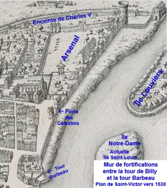 Befestigungsmauer um 1530 von der Tour de Billy bis zur Tour Barbeau auf dem Plan von Saint-Victor.