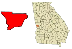 Lage von Columbus im Muscogee County (links) und in Georgia (rechts)