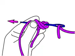 Der begonnene Stich wird so abge­schlossen, dass eine neue Schlinge sich um den Daumen legt.