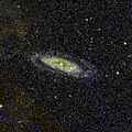 In der Ultraviolett-Aufnahme des GALEX-Weltraumteleskops von NGC&nbsp;4100 erscheinen ältere Sterne gelb, jüngere blau.