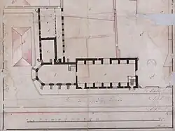 Grundriss der Barfüßerkirche, Bauaufnahme von Johann Anthon Overheide, 1733/34 (Niedersächsisches Landesarchiv Hannover, Signatur: NLA HA, Kartensammlung, Nr. 23 d Göttingen 22 pm, Ausschnitt) – Norden ist unten.
