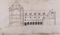 Querschnitt durch die Barfüßerkirche und das Kloster, Bauaufnahme von Johann Anthon Overheide, 1733/34 (Niedersächsisches Landesarchiv Hannover, Signatur: NLA HA, Kartensammlung, Nr. 23 d Göttingen 19 pm, Ausschnitt)