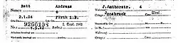 NSDAP-Mitgliedskarte, per Schreibmaschine ausgefüllt. Name: Rett, Andreas / Geb-Datum: 2.1.24 Geb-Ort: Fürth i.&nbsp;B. / Nr.: 9266108 Aufn.: 1. Sept. 1942 / Wohnung: J. Amthorstr. 4 / Ortsgr.: Innsbruck / Gau:Tirol