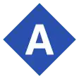 Viereckiges Liniensignet mit dem weißen Buchstaben A in blau gefüllter Raute vor neutralem Hintergrund.links