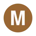 Rundes Liniensymbol mit dem weißen Buchstaben M in braun gefülltem Kreis