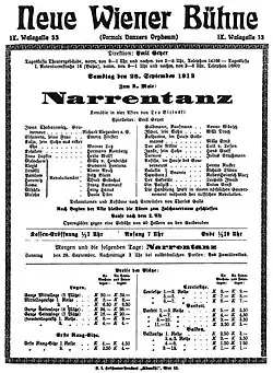 Plakat für die Wiener Premiere: Narrentanz von Leo Birinski am 28. September 1912.
