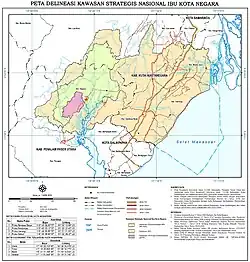 Karte von Nusantara über die heutige Grenze von Ost-Kalimantan. Der pinkfarbene Bereich bezeichnet das Hauptverwaltungsgebiet, der grüne Bereich das Hauptstadtgebiet (das die beiden Bezirke Sepaku und Loa Kulu umfasst) und der orangefarbene Bereich die Entwicklungszone der Hauptstadt.