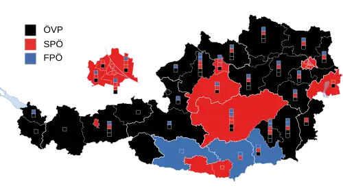 Stärkste Partei auf Ebene der Regionalwahlkreise (mit Wahlkarten) Die Kästchen zeigen im ersten Ermittlungsverfahren gewonnene Mandate (Grundmandate) an