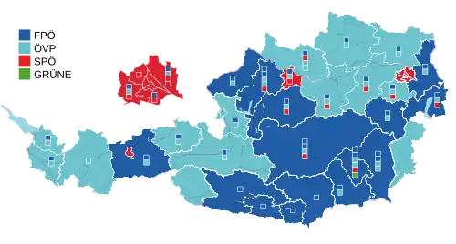 Stärkste Partei auf Ebene der Regionalwahlkreise (mit Wahlkarten) Die Kästchen zeigen im ersten Ermittlungsverfahren gewonnene Mandate (Grundmandate) an