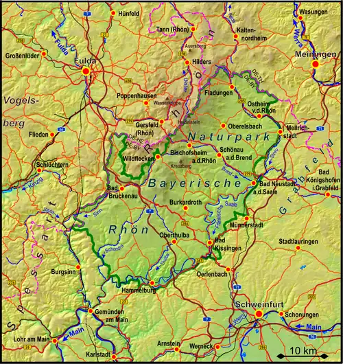 Lage und Topografie des Naturparks Bayerische Rhön