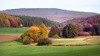 Blick von Süden auf den Bereich um das Niedermoor im Schutzgebiet. Im Hintergrund der Hohe Meißner.