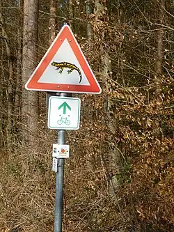 Warnhinweis auf einem Radweg