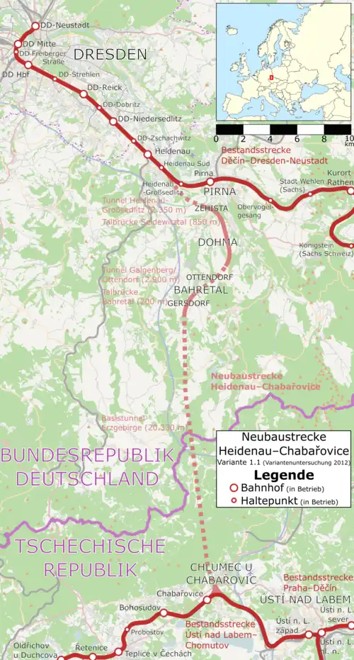 Mögliche Streckenvariante der Bahnneubaustrecke Dresden – Prag mit dem Basistunnel unter dem Osterzgebirge