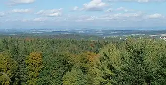 Blick von der Platte (499 m) auf den Neuburger Wald. Im Hintergrund sind die Berge des Bayerischen Waldes erkennbar.