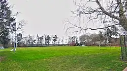 Rasenplatz, Flutlicht, Fußballtore, aufgenommen von etwas hinter einer der Ecken des Platzes. An den Rändern sind Bäume zu erkennen.