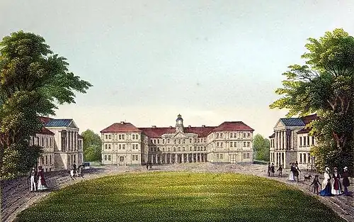 Schloss Neustrelitz, Lithographie von der Tiedemann Hof Steindruckerei, 1843.