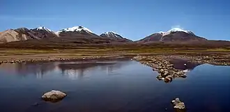 Von links Umurata, Acotango, Capurata; ganz rechts der Guallatiri. Im Vordergrund der Lago Chungará.