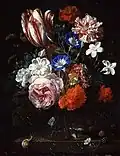 Blumen in einer Glasvase, Brombeeren und eine Schnecke, sign. & dat. 1673, Öl auf Leinwand, 34,2 × 26,6 cm, Fitzwilliam-Museum, Cambridge