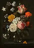 Blumen in einer Glasvase und ein Schmetterling, ca. 1671, signiert, 39 × 27,8 cm, in Auktion bei Sotheby’s, 7. Dezember 2024, lot 29