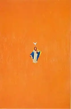 Inmitten einer orangenen Farbfläche schwebt Immaculata unter einer Taube