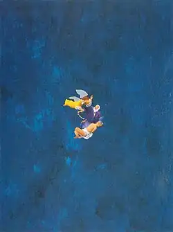 Inmitten einer blauen Farbfläche schweben ein Engel, Isaak und dessen Sohn