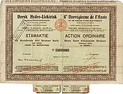 Aktie der Norsk Hydro-Elektrisk Kvælstofaktieselskab über 180 Goldkronen = 250 Francs, ausgegeben am 1. Juli 1912 in Notodden, im Original unterschrieben von Knut Agathon Wallenberg für den Verwaltungsrat