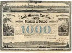Anleihe des Staates Missouri für den Bau einer Strecke der North Missouri Railroad Company von St. Charles nach Macon, ausgegeben in Jefferson, Mo. am 3. Juni 1858, eigenhändig unterschrieben von Robert Marcellus Stewart als Gouverneur von Missouri