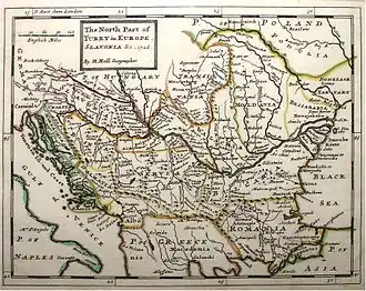 Kroatische Länder (Dalmatien, Slawonien und (Kern)kroatien) sind auf der linken Seite dieser englischen Karte aus 1726 deutlich erkennbar