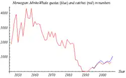 Norwegische Minkwalfangquoten (Blau, 1994–2006) und Fänge (Rot 1946–2005)